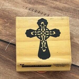 2012 MICHAELS 125331 EASTER CROSS V1 WOOD MOUNTED RUBBER STAMP